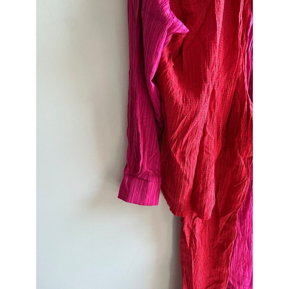 Women's 2 Pc Crinkle Texture Wide Leg Pants Shirt Oversized Color Block - Picture 4 of 8